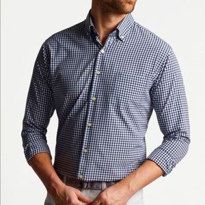 PETER MILLAR Men’s Nanoluxe Long Sleeve Navy Gingham Shirt size Large